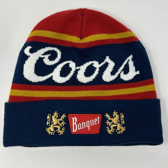 Coors Banquet Beer Beanie Winter Hat Toque Flip Cuffed Logo Mad Engine Blue - Picture 2 of 9